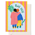 Greeting card with two people hugging, text 'Big Hug', and colorful border.