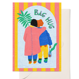 Greeting card with two people hugging, text 'Big Hug', and colorful border.
