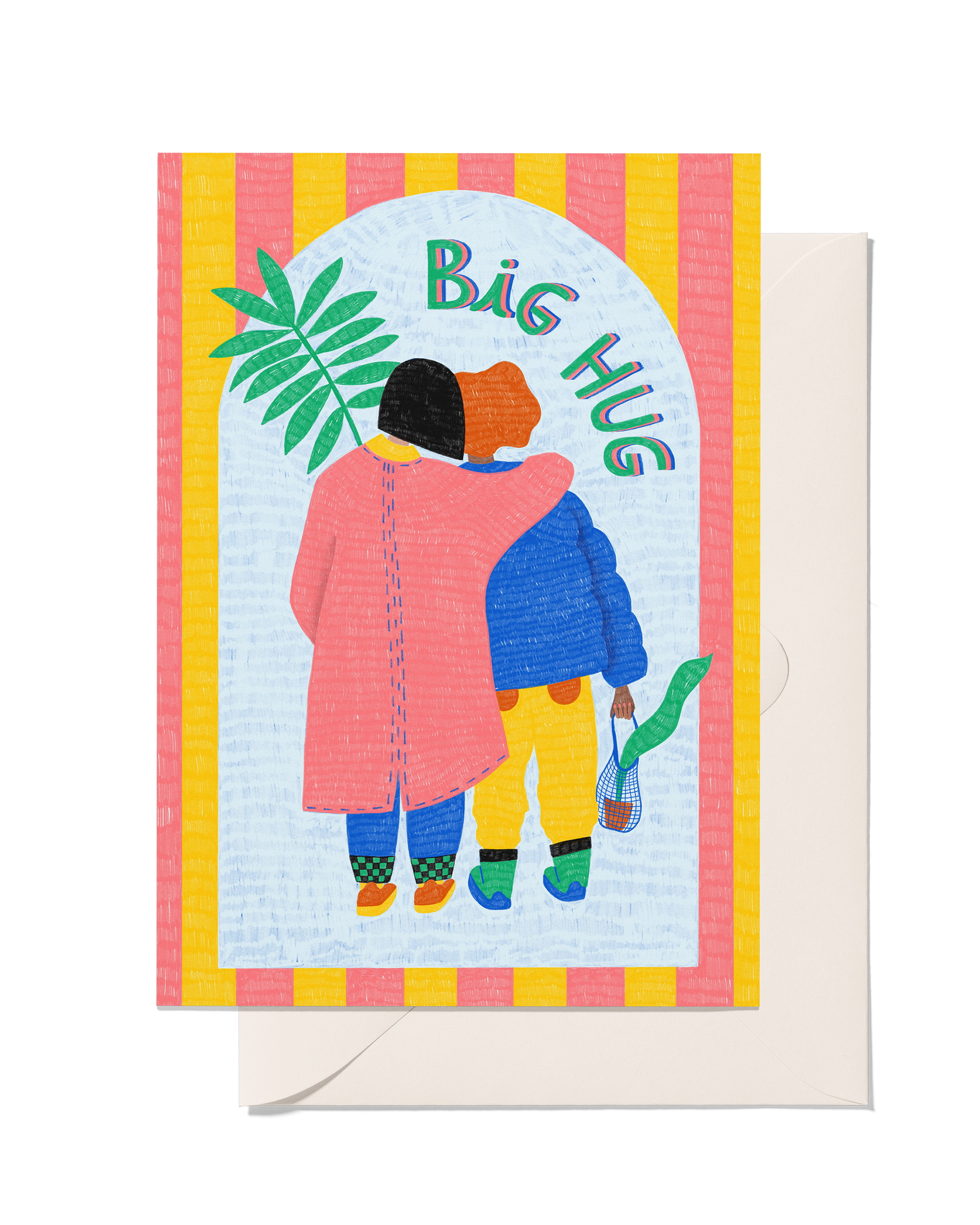 Greeting card with two people hugging, text 'Big Hug', and colorful border.