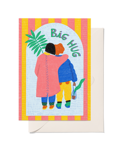 Greeting card with two people hugging, text 'Big Hug', and colorful border.